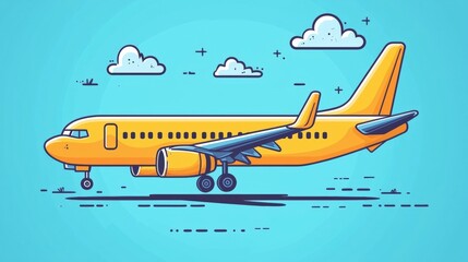 Vibrant Yellow Airplane Illustration Against a Bright Sky with Whimsical Clouds