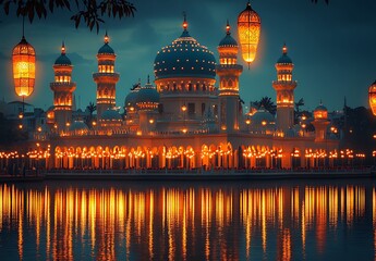 Fototapeta premium Illuminated Mosque at Dusk with Lanterns Reflecting in Tranquil Waters