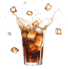 A glass of cola with ice cubes splashing isolated on transparent white background, clipping path, pen tool.