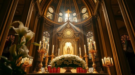 Obraz premium Stunning Church Altar with Golden Details and Light Rays