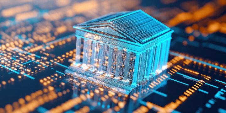 Quantum Fintech Visualization Immersive Digital Banking Infrastructure Transforming Financial Ecosystems with Cutting-Edge Technological Innovation and Futuristic Circuit Design