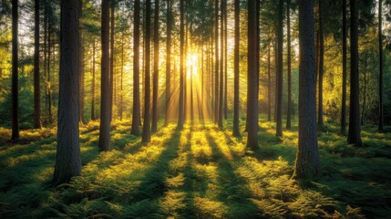 Obraz premium Sunbeams Illuminate a Forest Floor with Ferns