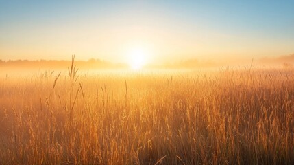 Obraz premium Golden Sunrise Over Foggy Grassland Field