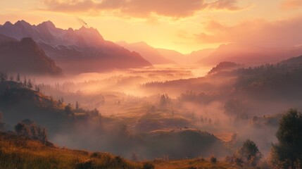 Obraz premium Majestic Sunrise Over Foggy Mountain Valley Landscape