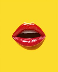 Obraz premium Vibrant Red Lips on Bright Yellow Background with Glossy Finish for Eye-Catching Visuals