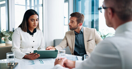 Discussion, tablet and business people in office with planning for company investment. Meeting,...