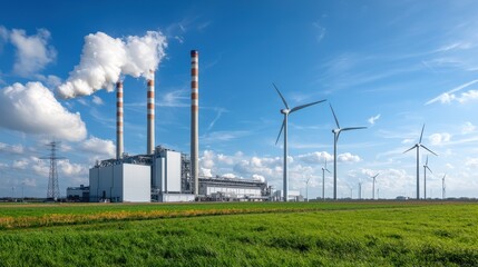 Sustainable wind power with turbines in rural landscape with factory and power lines  Renewable green energy production in eco friendly environment