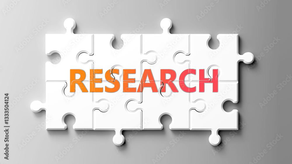 Poster research complex like a puzzle - pictured as word research on a puzzle pieces to show that research 