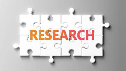 Research complex like a puzzle - pictured as word research on a puzzle pieces to show that research is complex and needs cooperating pieces that fit together. ,3d illustration
