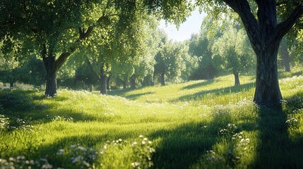Serene Summer Landscape with Lush Green Meadows and Trees