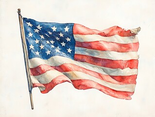 Weathered US Flag Watercolor for Outdoor Scene.