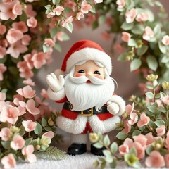 Fototapeta premium Santa, with a warm smile, nestled within a vibrant display of pink flowers, embodying the joy of the season.