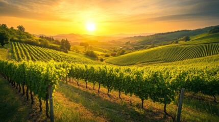 Fototapeta premium Tuscan Vineyard Sunset Golden Hour Landscape