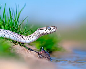 Fototapeta premium White snake hunting for riverside grass.