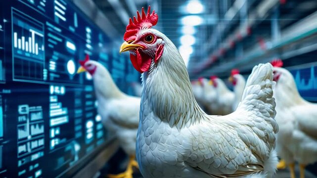 A modern farm scene with chickens and digital data displays.