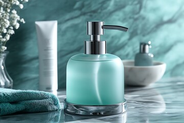Stylish Teal Soap Dispenser in Modern Bathroom Setting