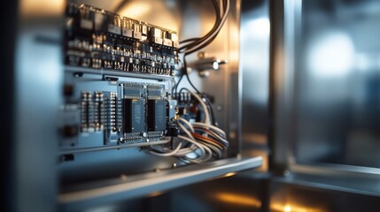 Close-up of industrial control cabinet interior, featuring intricate wiring and circuit board details with metallic reflections in soft light.