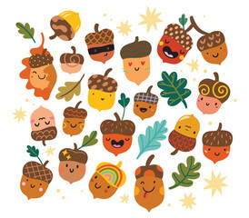 Naklejka premium Big collection of funny acorns characters