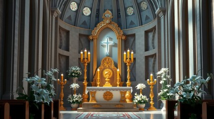 Golden Altar Church Interior Design 3d Render