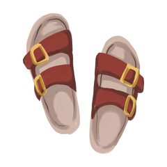 Pair of brown and red sandals with golden buckles