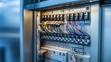 Close-up of wiring and switches inside control cabinet, featuring organized cable layout and metallic finishes in soft lighting.