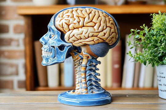 A detailed skull model showcases the brain and spine, creatively designed for educational purposes, set against a blurred background of books.