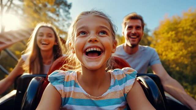 Happy family enjoying a thrilling roller coaster ride together.
