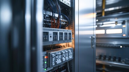 View inside control cabinet with close focus on switches and wiring, revealing organized cables and metallic surfaces with soft lighting.