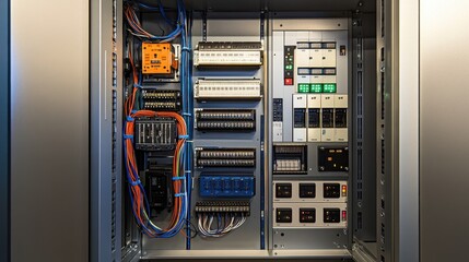Detailed view of a control cabinet interior, highlighting relays, circuit breakers, and organized wires, all with a metallic sheen.