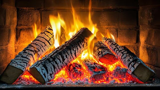 Warm glow of burning logs in a cozy fireplace during a winter evening at home