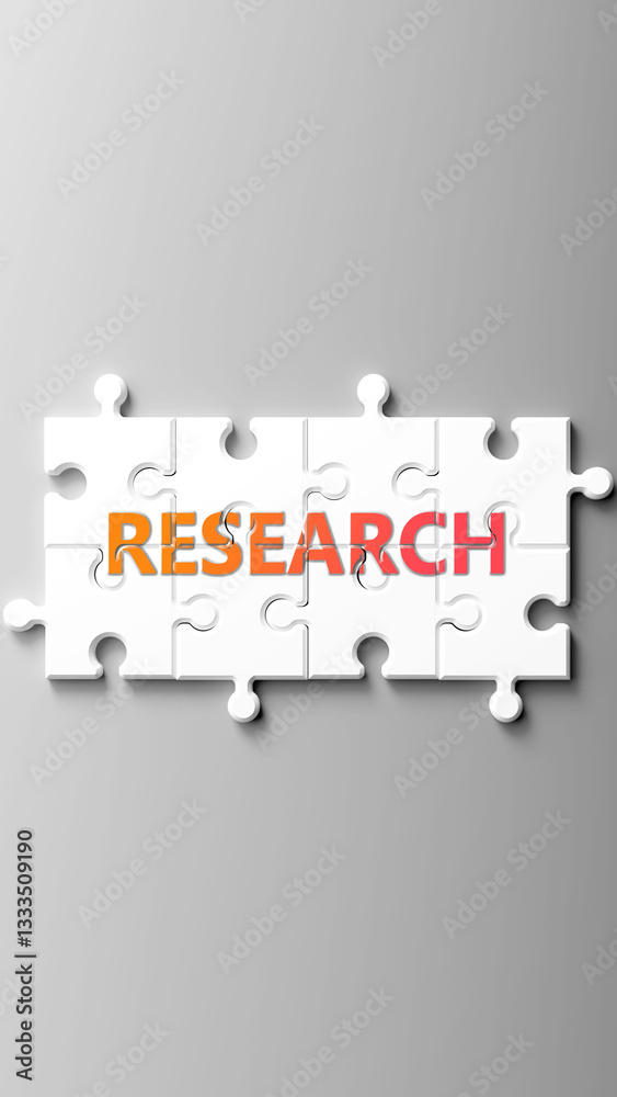 Poster research complex like a puzzle - pictured as word research on a puzzle pieces to show that research 