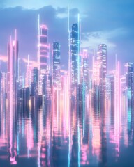 Futuristic Cityscape with Neon Lights and Reflections in Water