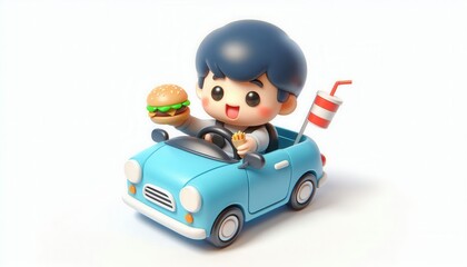 Fototapeta premium Joyful kid driving toy car with burger and drink fun setting playful animation whimsical scene