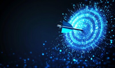Blue arrow hitting glowing target, dark background, success concept