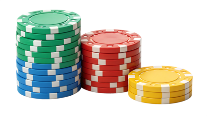 Colorful Casino Chips Stacked on White Background for Gaming Use