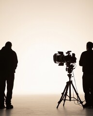 Fototapeta premium Silhouetted Figures with Camera Setup on Blank Background in Studio Environment