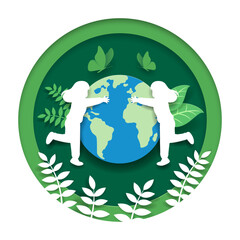 Paper cut art. Two women hugging a globe. Save earth. Environment concept