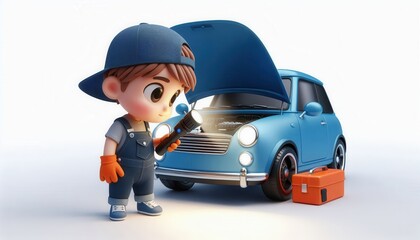 Young mechanic fixing a blue car garage workshop digital art bright and playful environment