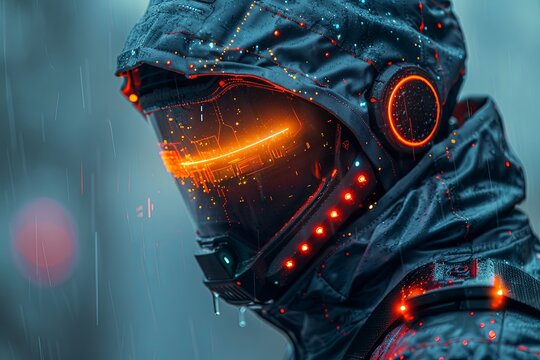 Cyberpunk Figure in High-Tech Helmet with Neon Display