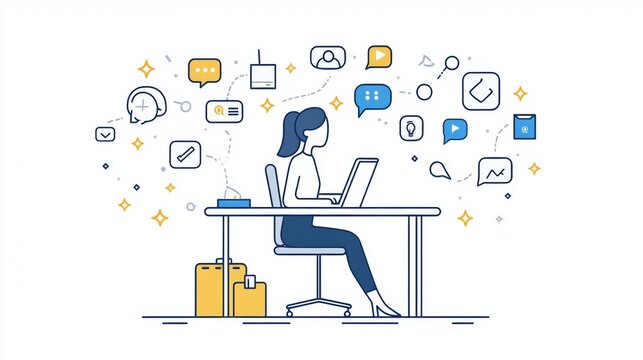 Woman Working on Laptop with Surrounding Digital Elements