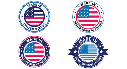 Made in USA badges vector. Made in USA round stamp vector design. Made in united states of America round logo vector with patriotic theme. American flag style round label for made in USA logo vector
