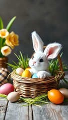 Cheerful Easter bunny with eggs in basket
Concept of easter,joy, celebration, spring