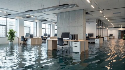 Flooded Office Space – Corporate Workplace Affected by Water Damage