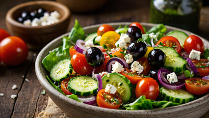 Vibrant Mediterranean Salad – A colorful Mediterranean salad with fresh cherry tomatoes, sliced cucumbers, red onions, black olives, and crumbled vegan feta cheese, drizzled with olive oil 