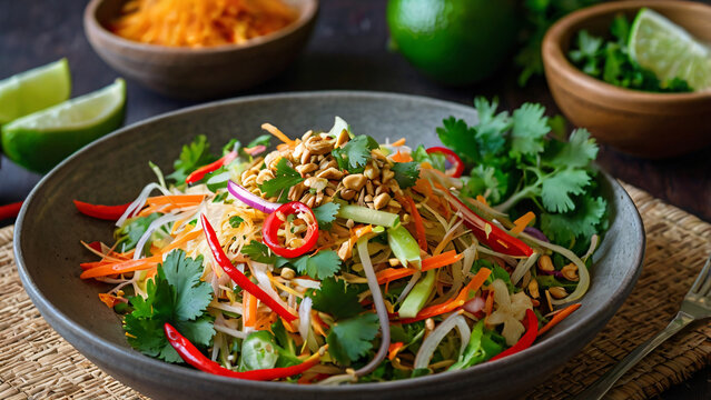 Exotic Thai-Inspired Salad &ndash; A fresh Thai salad with julienned green papaya, shredded carrots, crushed peanuts, fresh cilantro, and sliced red chili peppers, tossed in a tangy lime and tamari dressing