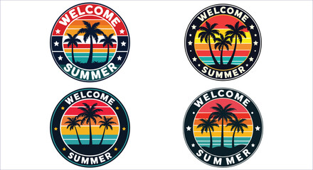 Naklejka premium Retro palm tree summer badge vector design. Welcome summer vintage tropical beach badge vector. Welcome summer circular badge vector. Tropical sunset beach badge vector