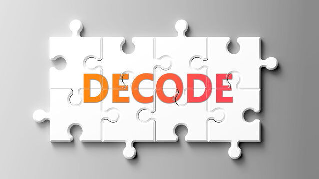 Decode complex like a puzzle - pictured as word decode on a puzzle pieces to show that decode is complex and needs cooperating pieces that fit together. ,3d illustration