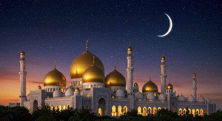 Majestic Mosque under Starlit Crescent Moon Night