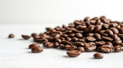Naklejka premium Roasted coffee beans piled up on white surface