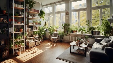 Fototapeta premium Tranquil and inviting Scandinavian inspired interior design with abundant natural light wooden floors and lush indoor plants creating a serene and harmonious living space
